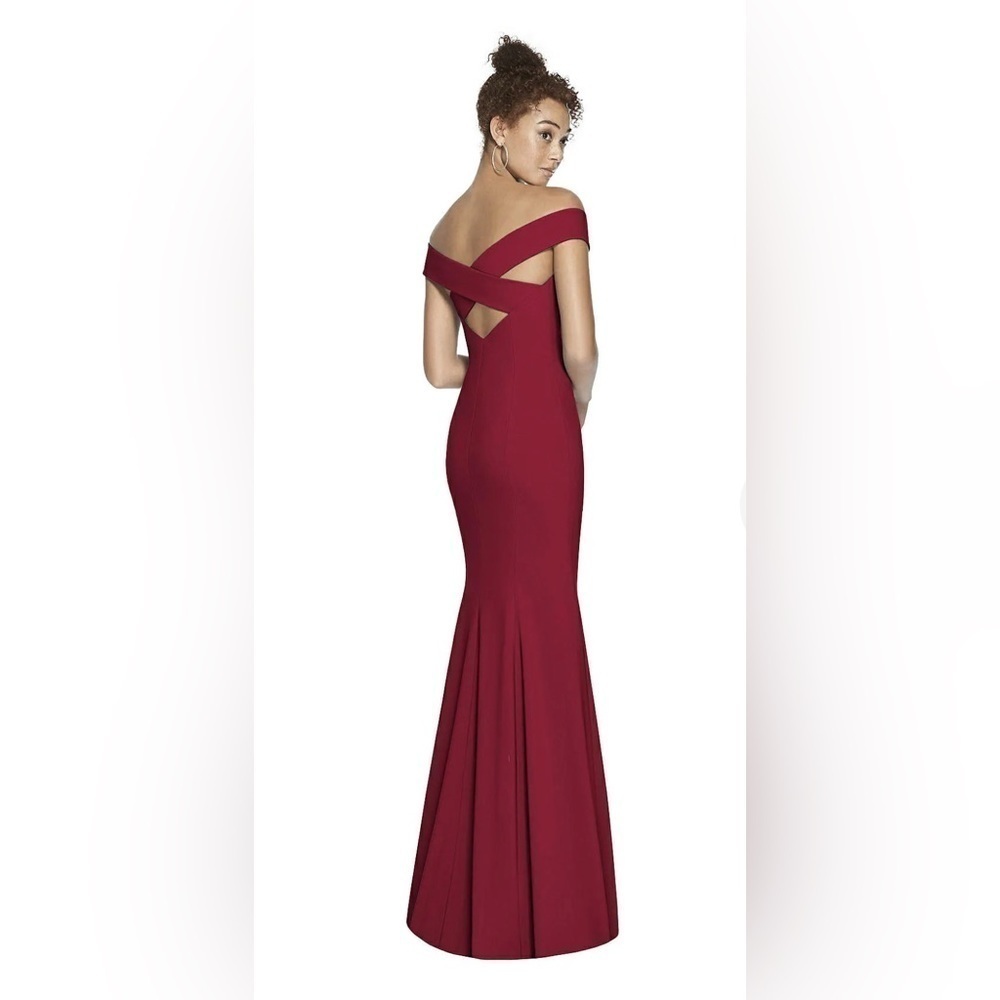 DESSY COLLECTION OFF THE SHOULDER CRISS CROSS BACK TRUMPET GOWN 3012 BURGUNDY